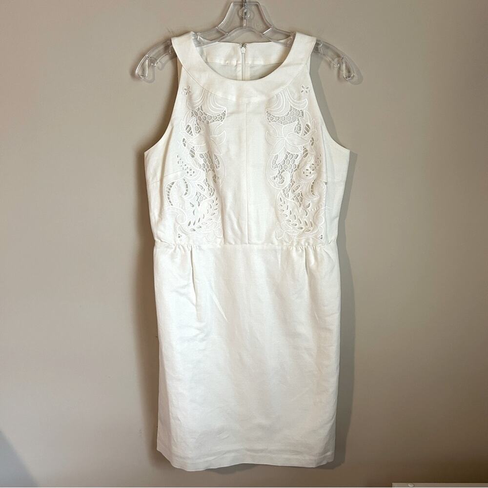 LOFT White Embroidered Scoop Neck Sleeveless Sheath Linen/Cotton Dress Size 4